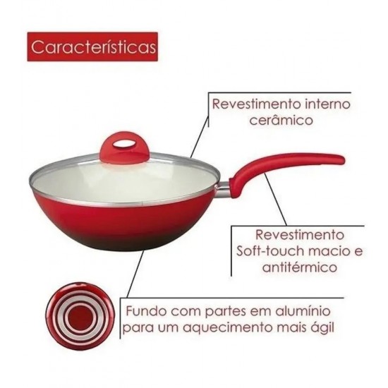 Frigideira Wok 28cm Ceramic Vermelha Com Cabo